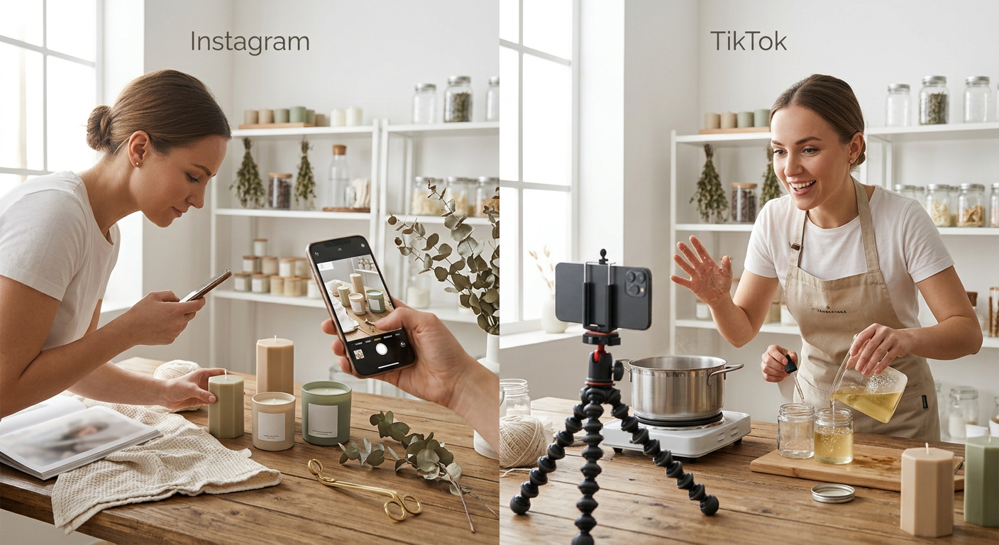 Mulher fazendo velas artesanais: uma foto para Instagram e outra gravando para TikTok.