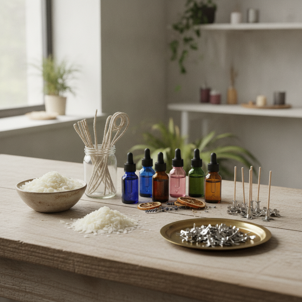 Materiais para fazer velas: cera, pavios, essências e suportes.