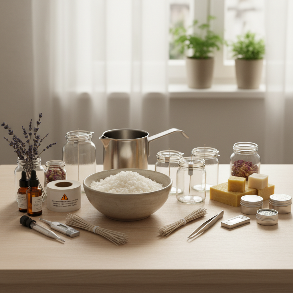 Kit profissional de fabricação de velas: cera, pavios, potes, ervas e ferramentas sobre mesa.