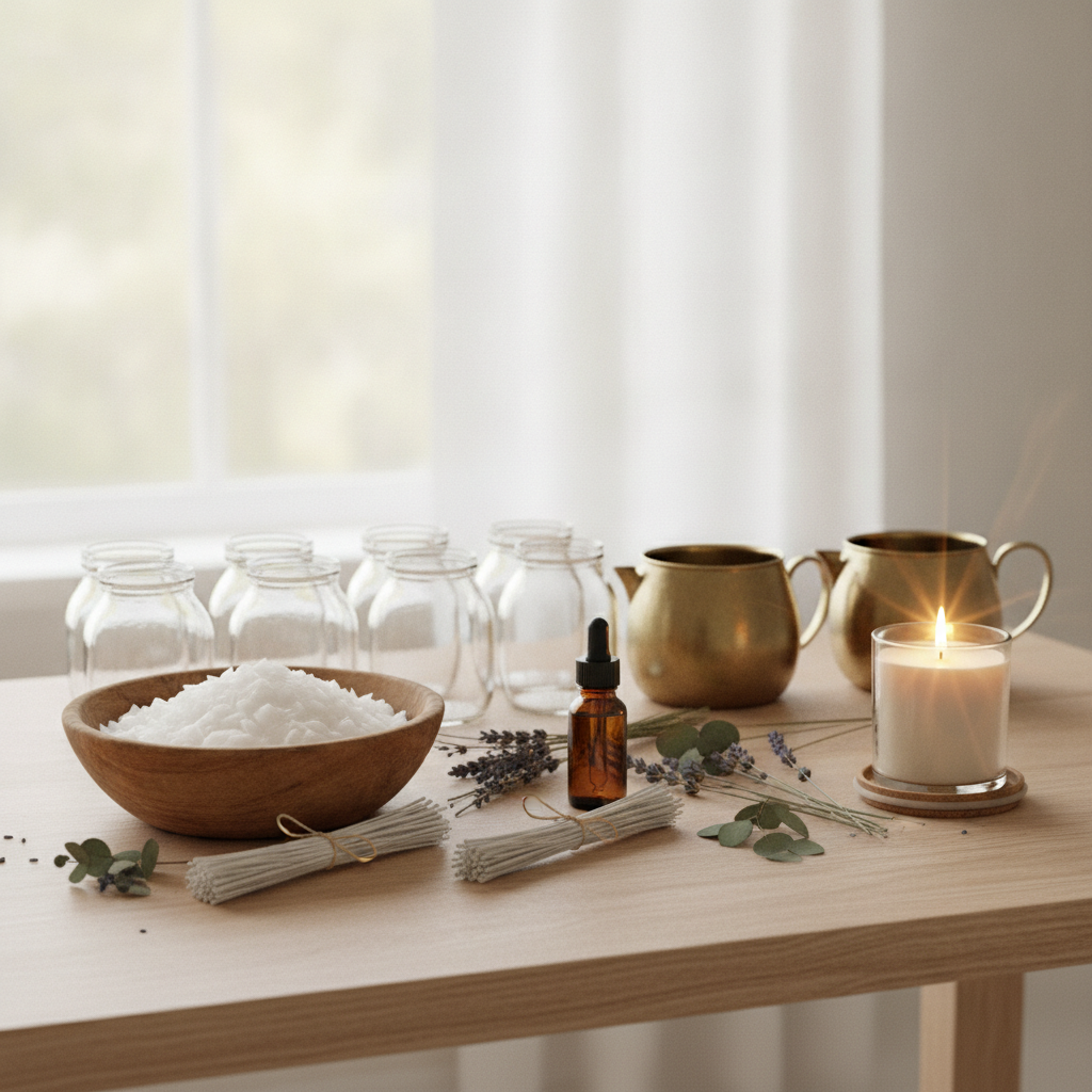 Materiais para fazer velas artesanais: cera, pavios, frascos, óleo essencial e vela acesa.