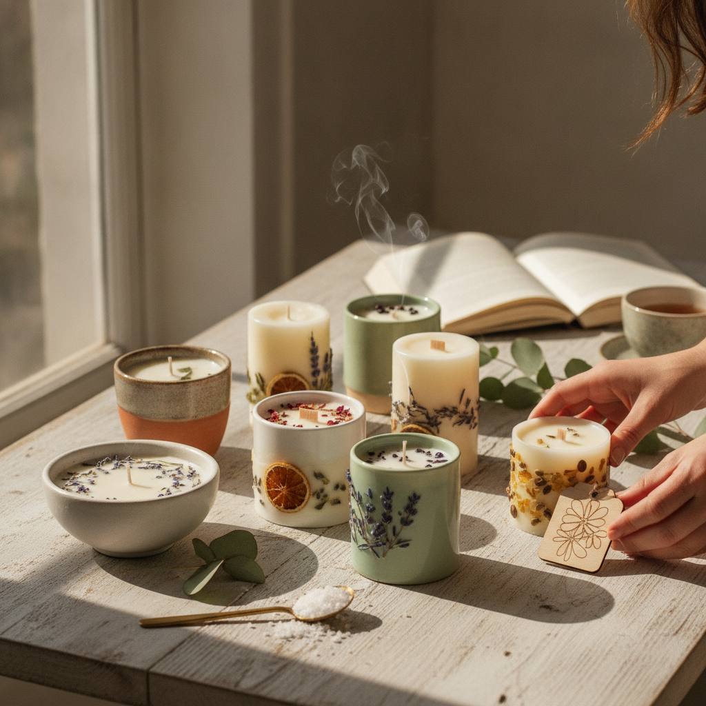 Velas artesanais decoradas com flores secas e frutas, em potes de cerâmica, em um ambiente acolhedor.