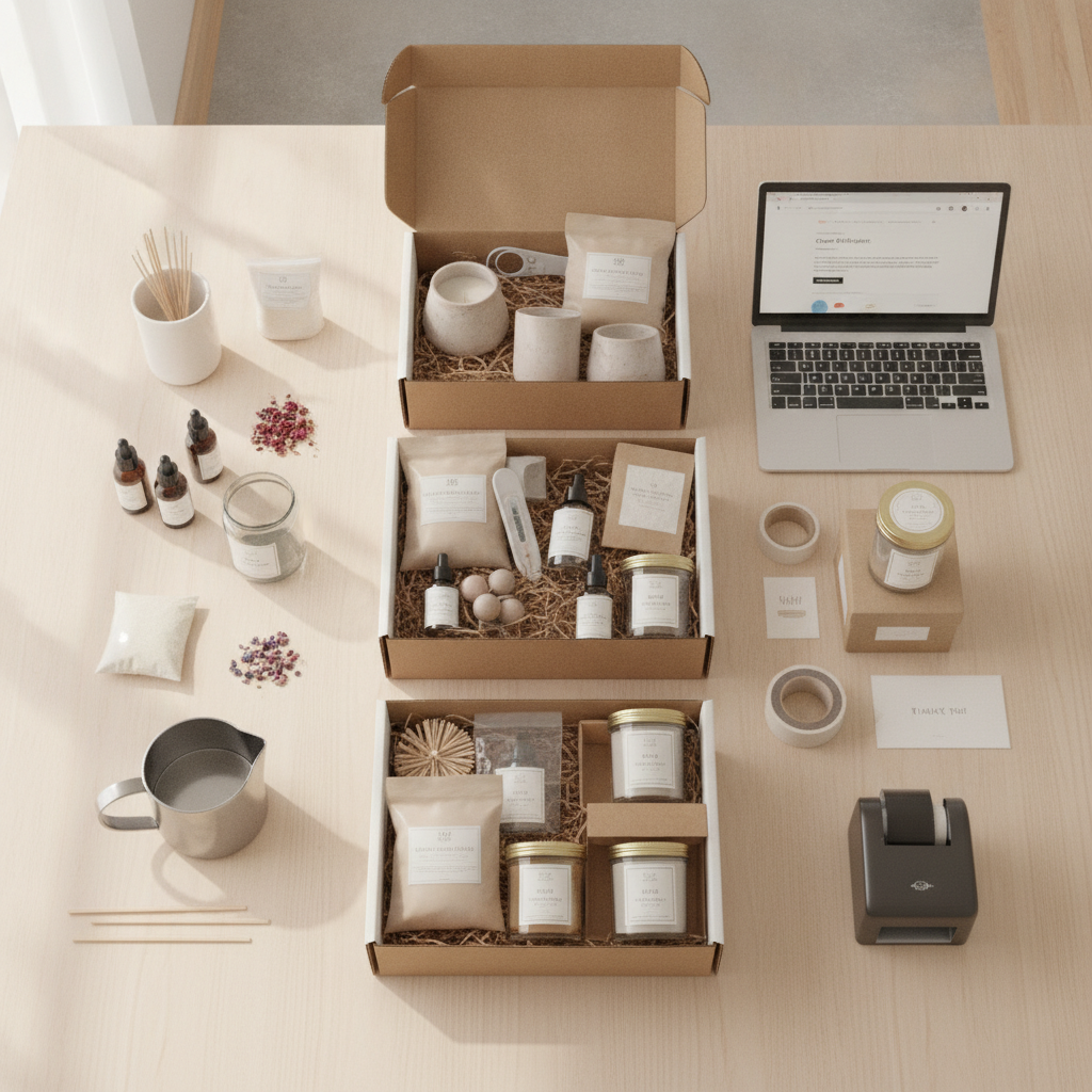Kits de velas artesanais organizados em caixas, com ferramentas, essências e ingredientes.