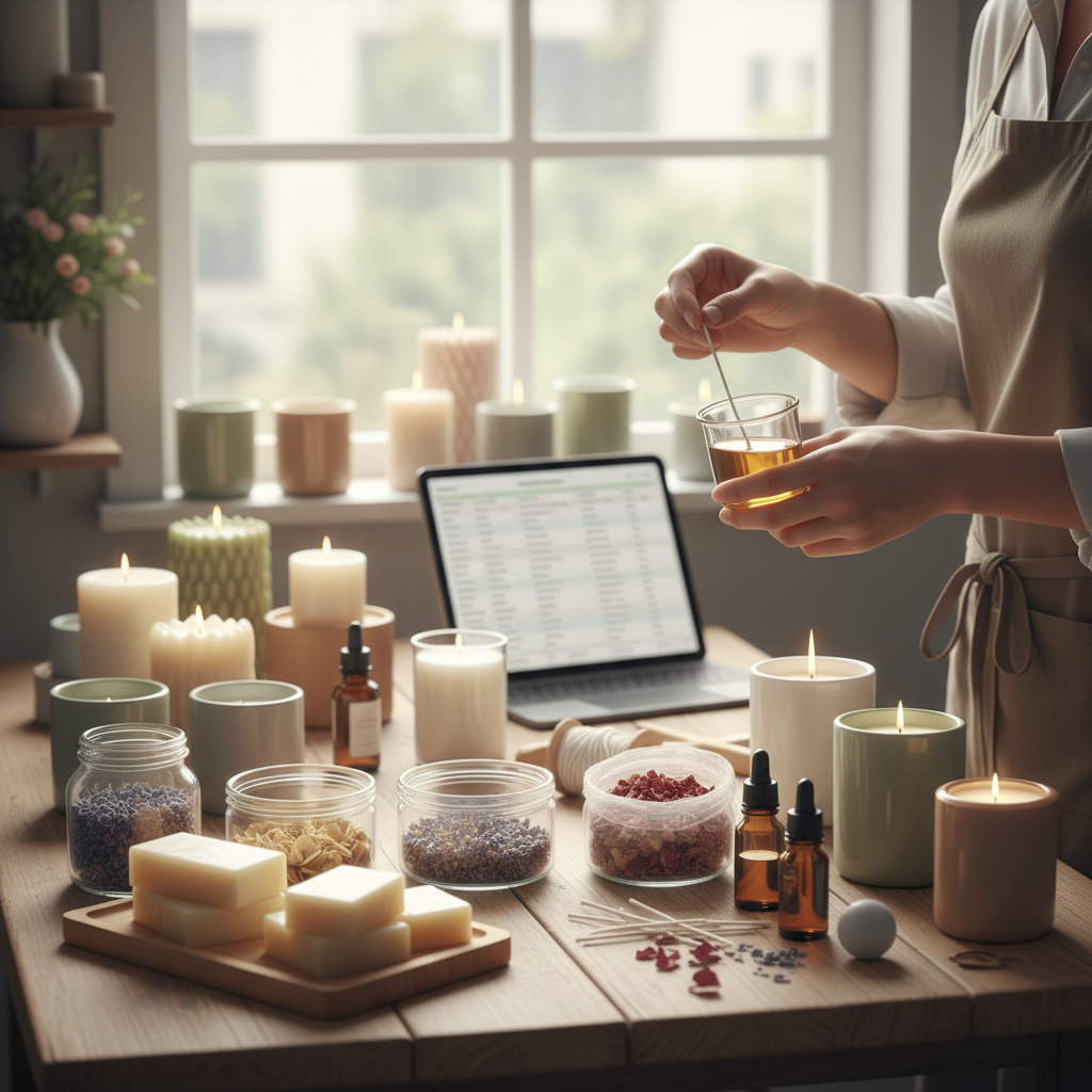 Mãos misturam cera em copo com laptop e materiais para velas ao fundo.