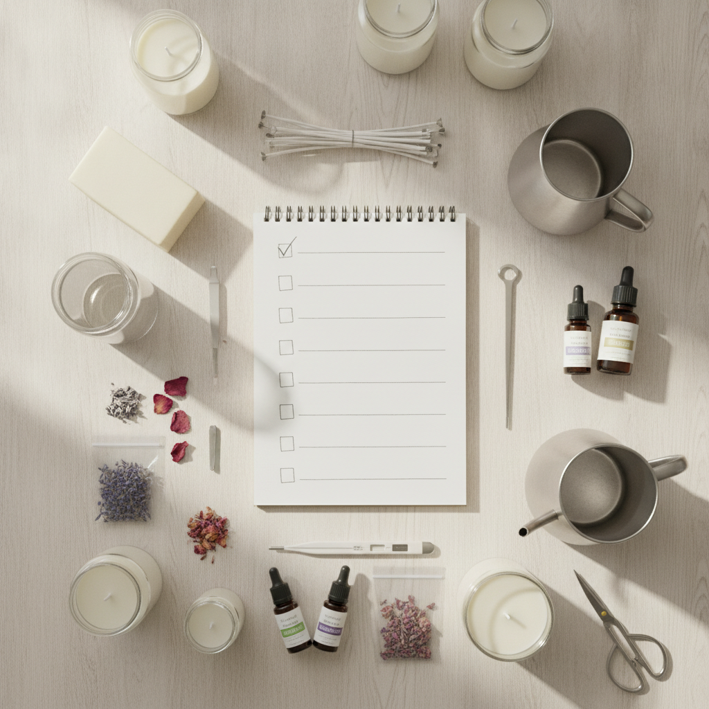 Materiais para fazer velas artesanais dispostos em uma mesa, incluindo um caderno de anotações.