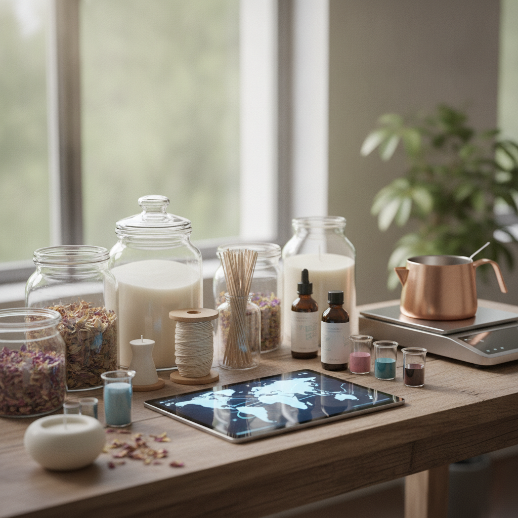 Materiais para fazer velas artesanais em uma mesa, incluindo potes de flores secas, cera, óleos e tablet.