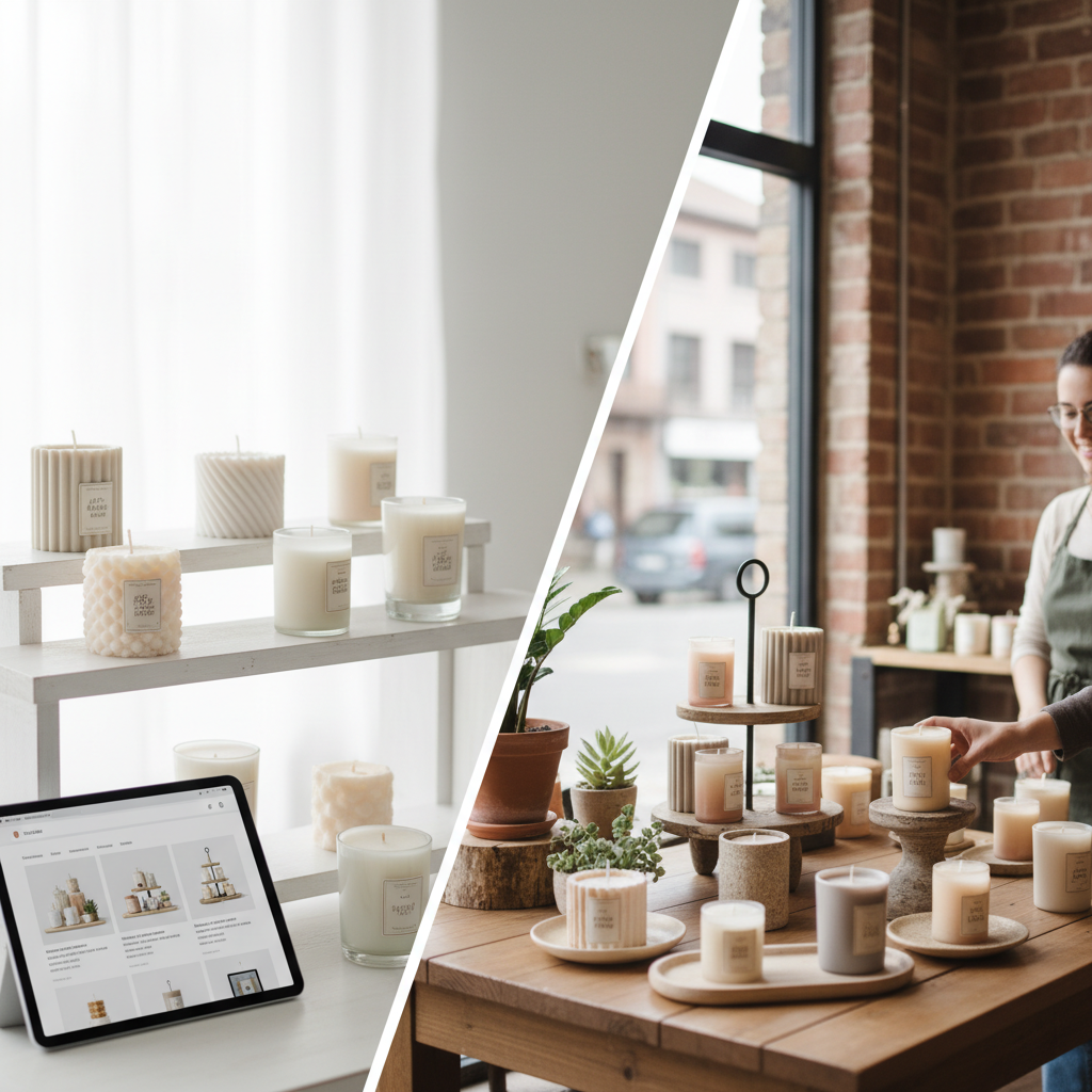 Velas artesanais em mostruário online e em loja física, comparando opções de compra.
