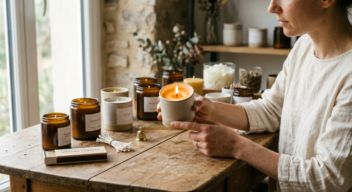 Mãos seguram vela acesa em copo de cerâmica, rodeadas por outras velas artesanais e materiais.