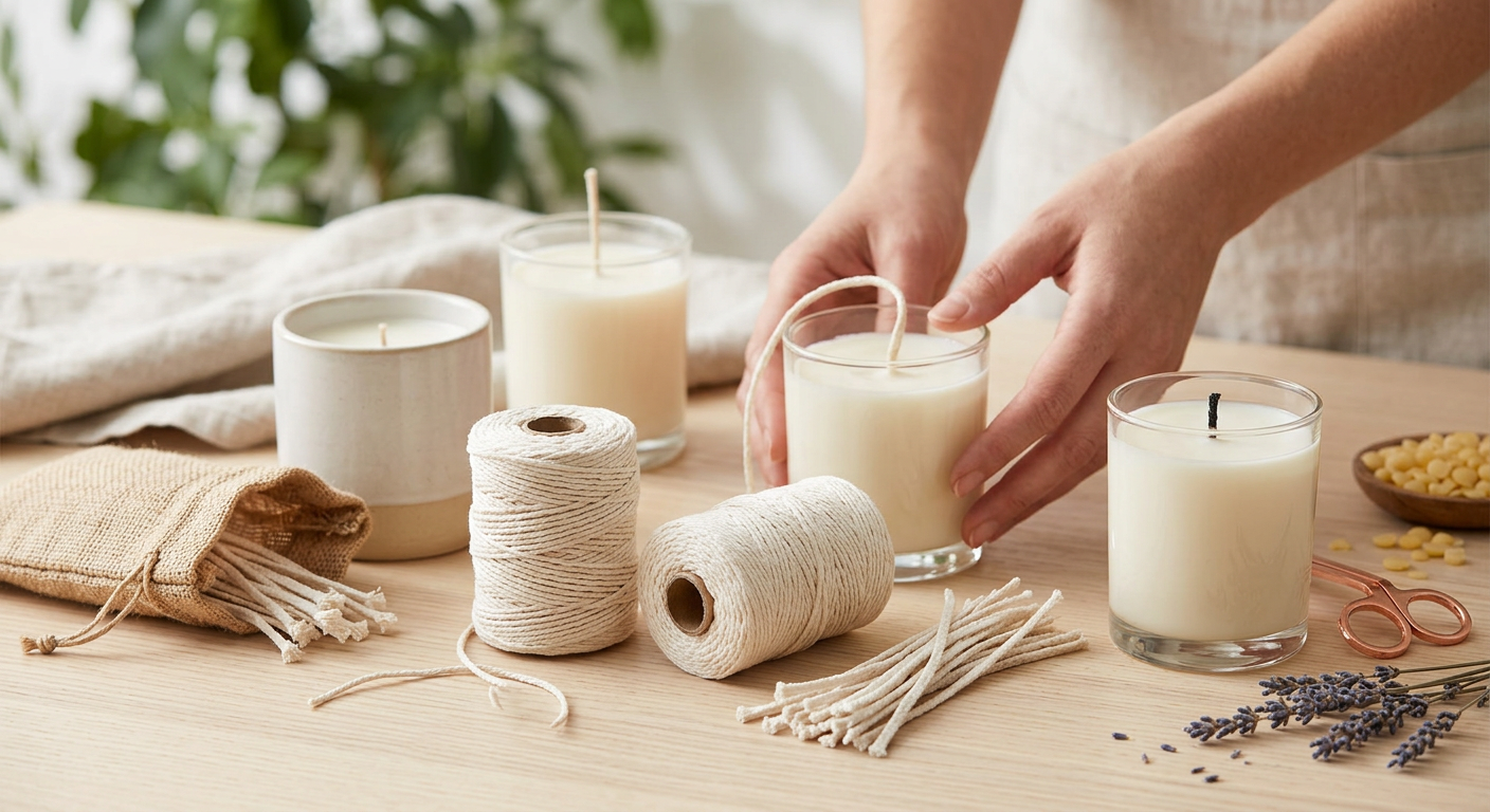Pavio de algodão, rolos de cordel e velas artesanais em fase de produção.
