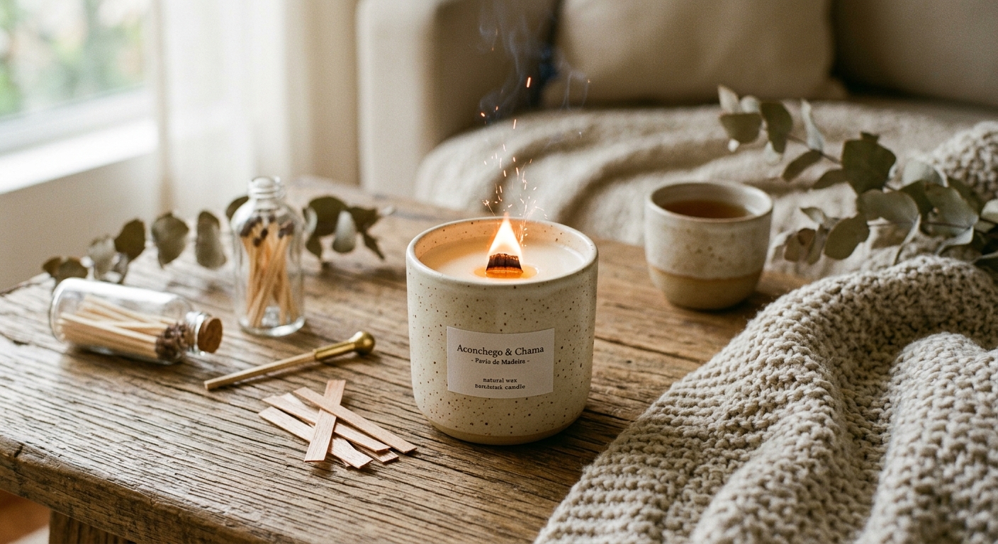 Vela artesanal com pavio de madeira estalando, ao lado de xícara de chá e palitos em ambiente aconchegante.