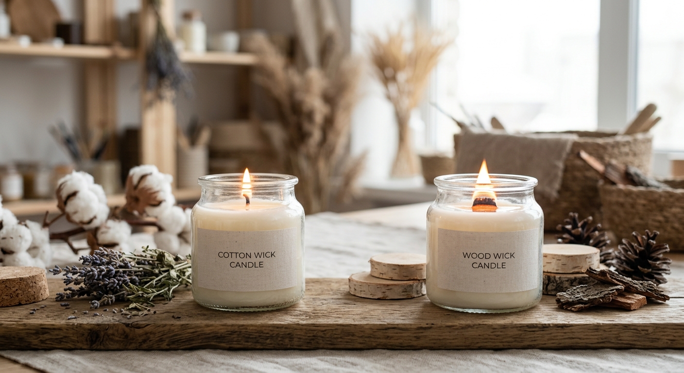 Dois tipos de velas artesanais, pavio de algodão e madeira, em um comparativo aconchegante.