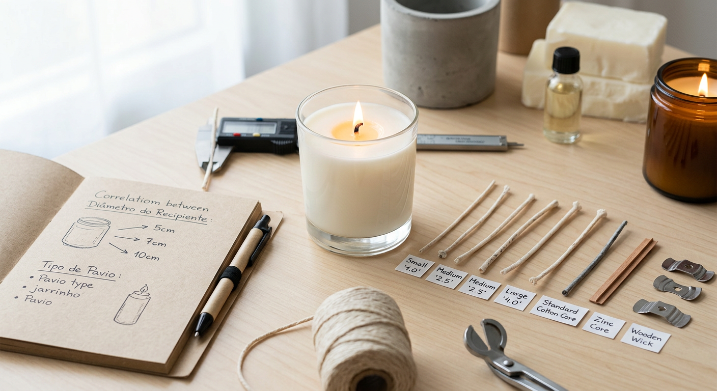 Mesa com materiais para fazer velas: pavios de diferentes tamanhos, recipientes e caderno com anotações.