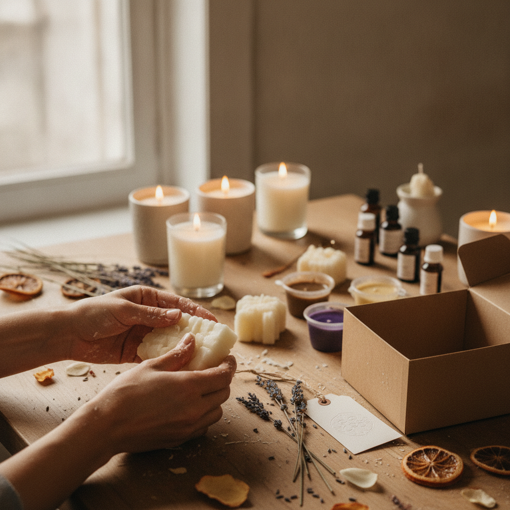 Mãos moldando cera para fazer velas artesanais, com ingredientes e embalagem ao redor.