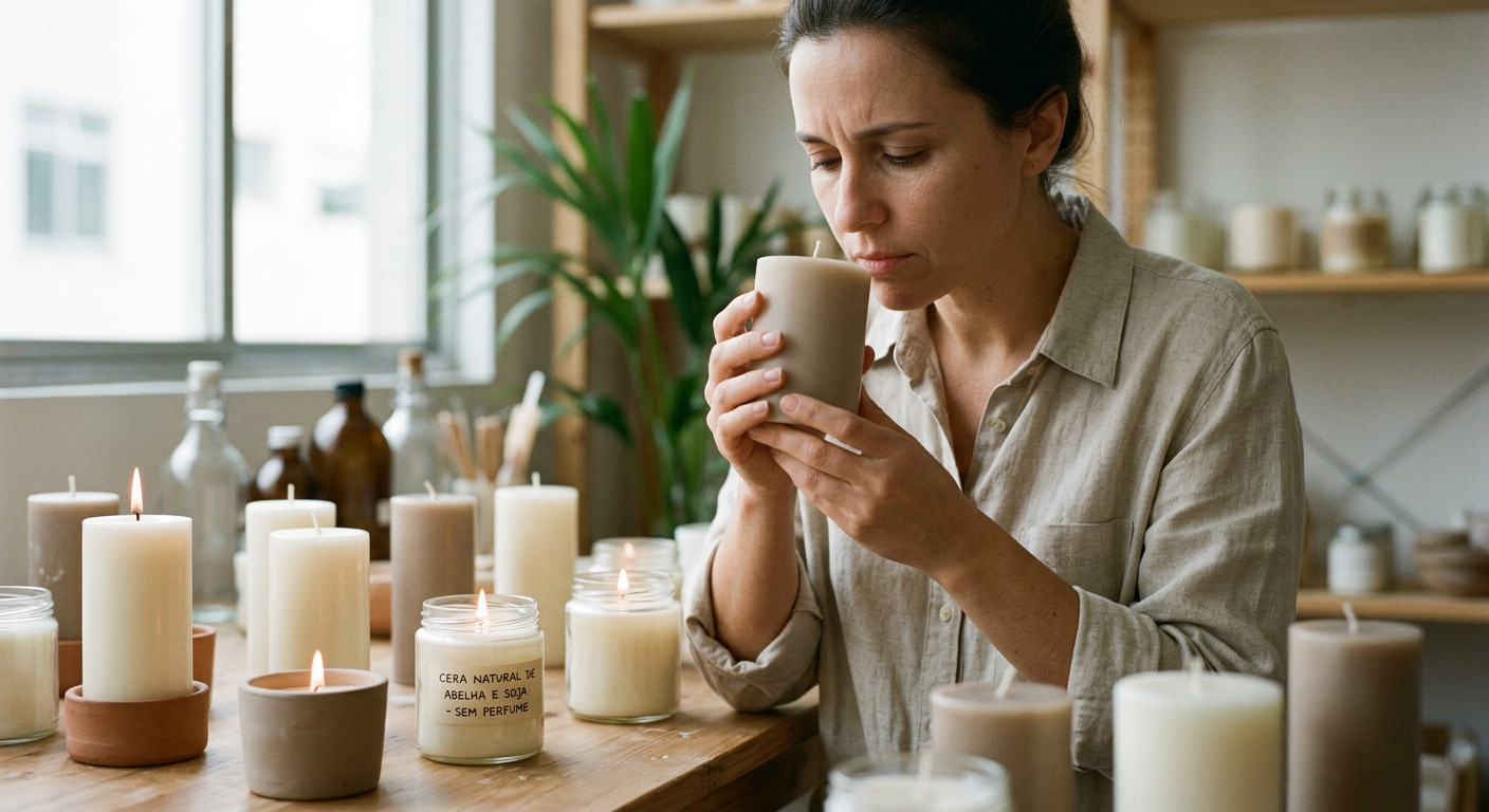 Mulher cheira vela artesanal em mesa cheia de outras velas, algumas acesas.