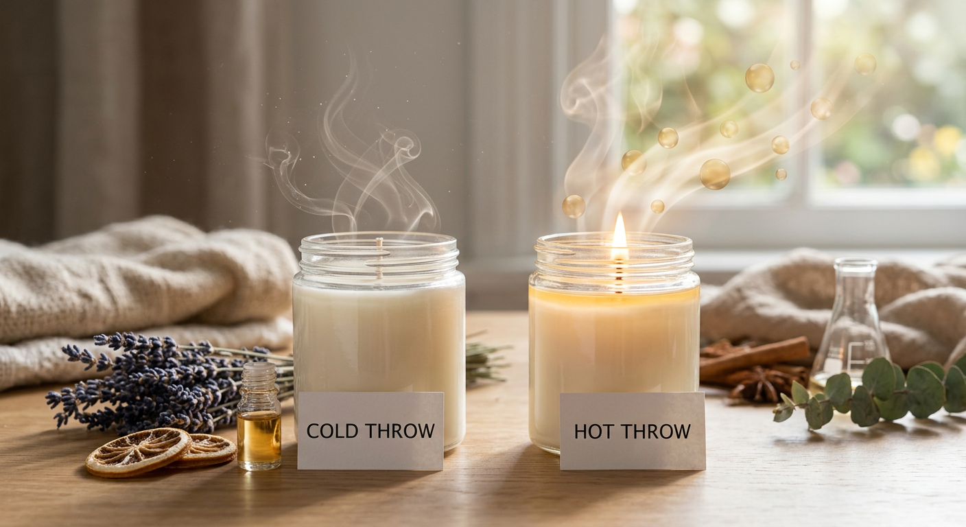 Velas artesanais: aroma frio vs. chama acesa, demonstrando a difusão do perfume.