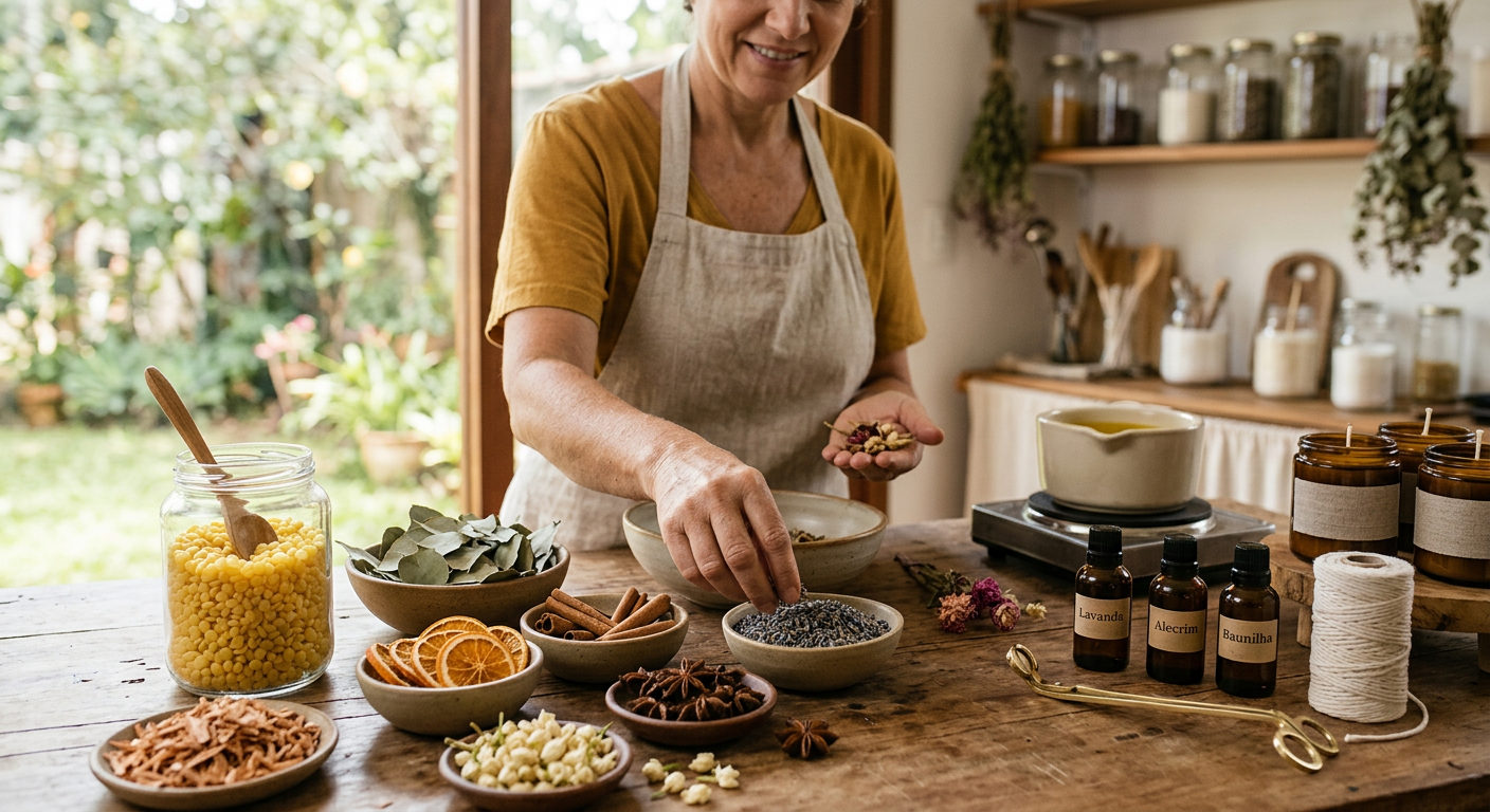 Artesã escolhe ingredientes botânicos e cera para fazer velas: lavanda, alecrim, baunilha e mais.