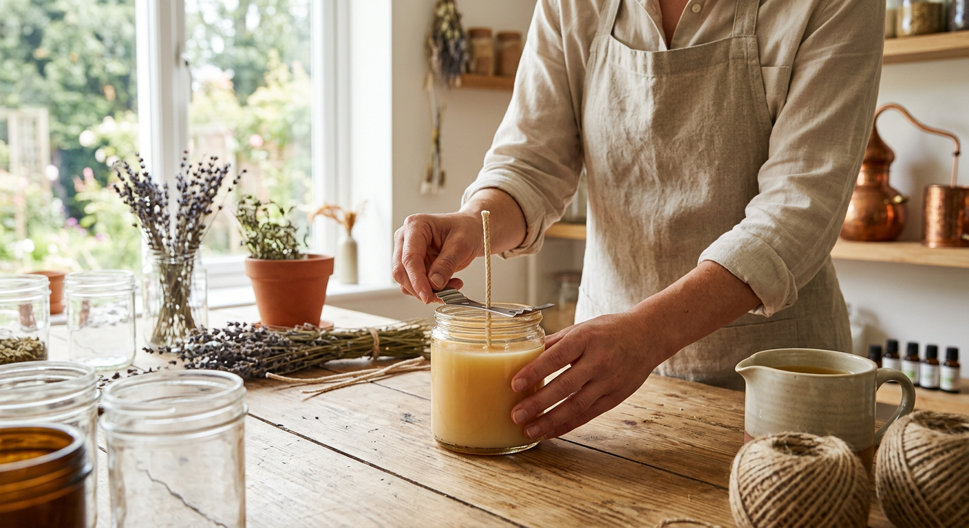 Mãos posicionando pavio em vela artesanal em jarra, com lavanda e materiais de fabricação.