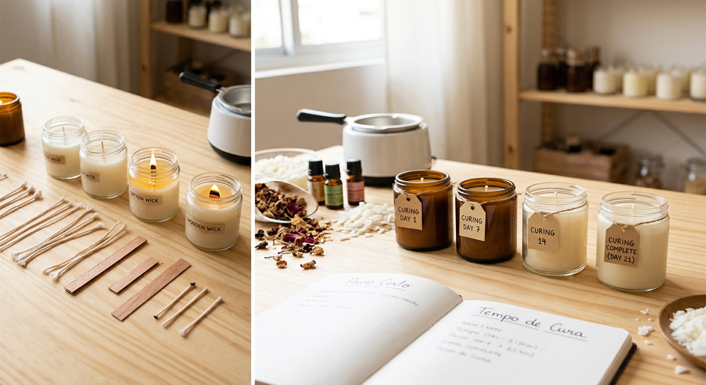 Velas artesanais em diferentes estágios de cura, pavios e materiais para confecção.