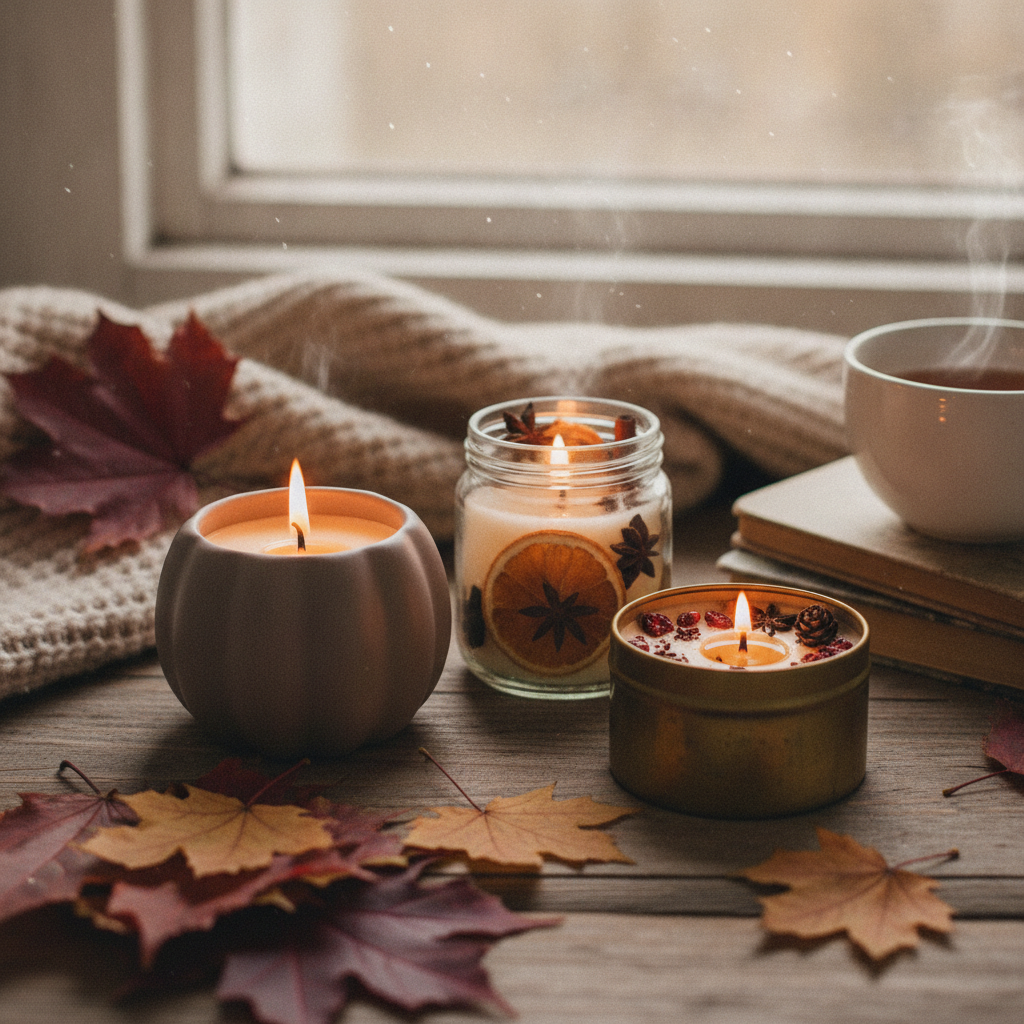 Três velas acesas em potes decorados com laranja e pinha, com folhas de outono ao redor.