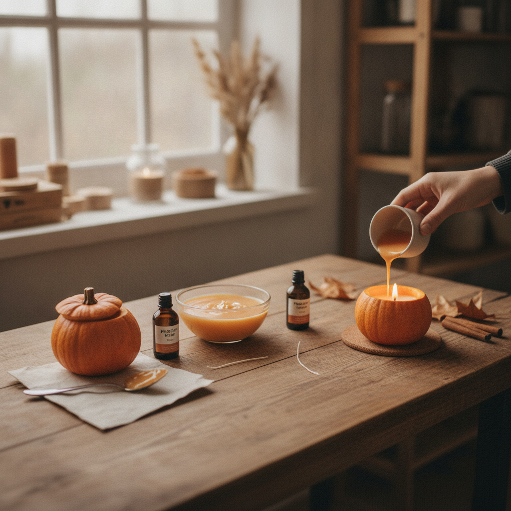 Mão despejando cera em uma abóbora que vira vela. Ingredientes para velas artesanais ao redor.