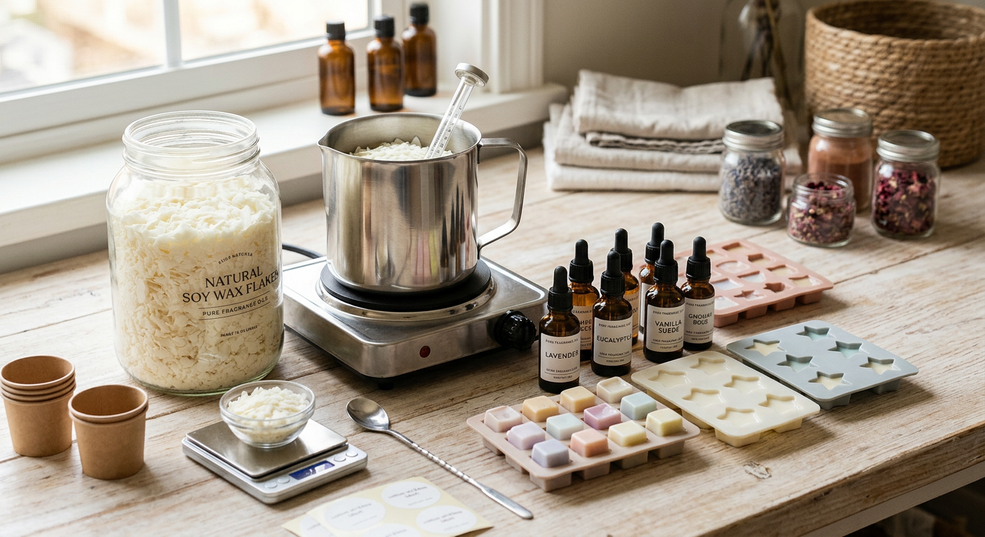 Materiais para fazer wax melts: cera de soja, óleos essenciais, moldes e potes.