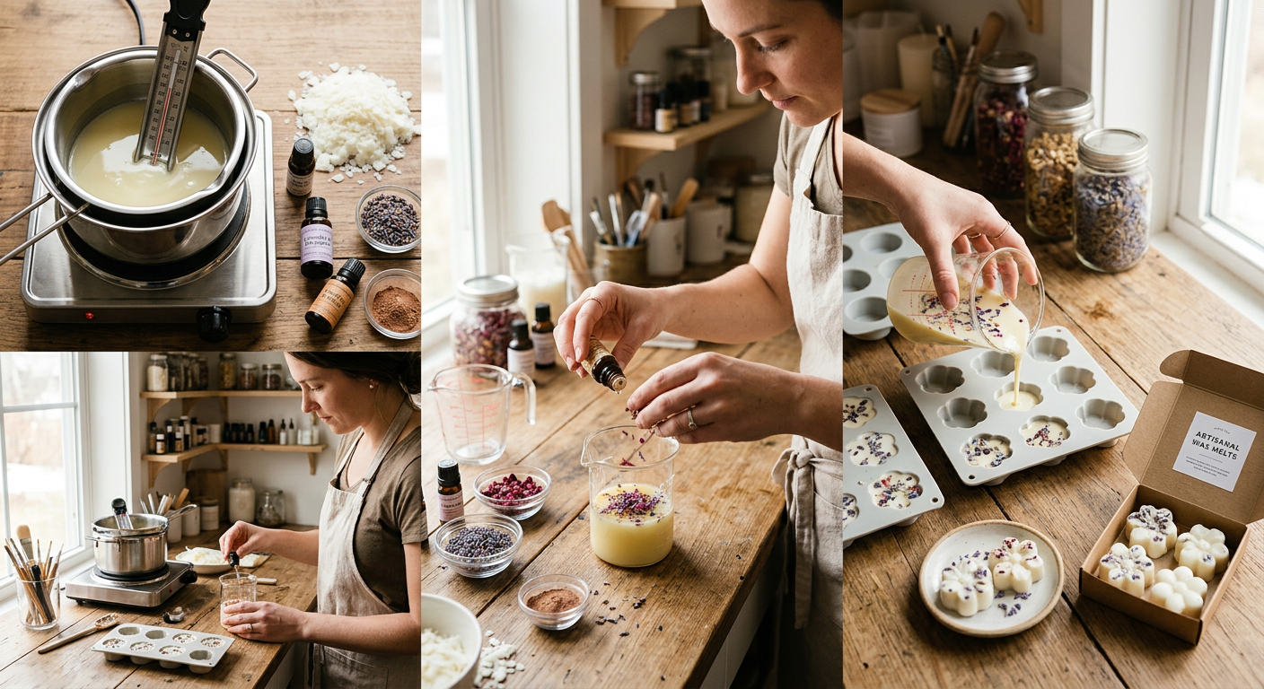 Colagem: receita caseira de wax melts, mulher adicionando essência a cera derretida e preenchendo moldes.