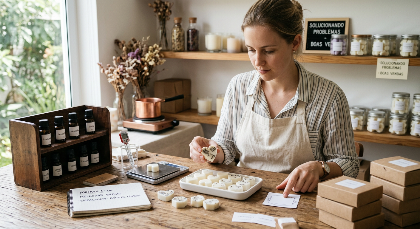 Artesã organiza ingredientes e wax melts, com caixas prontas para venda.